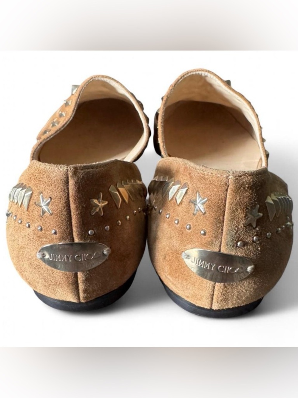 Jimmy Choo Studded Suede Mules Tan Leather Flats Pointed Toe Loafer 8.5 Edgy - Picture 5 of 8